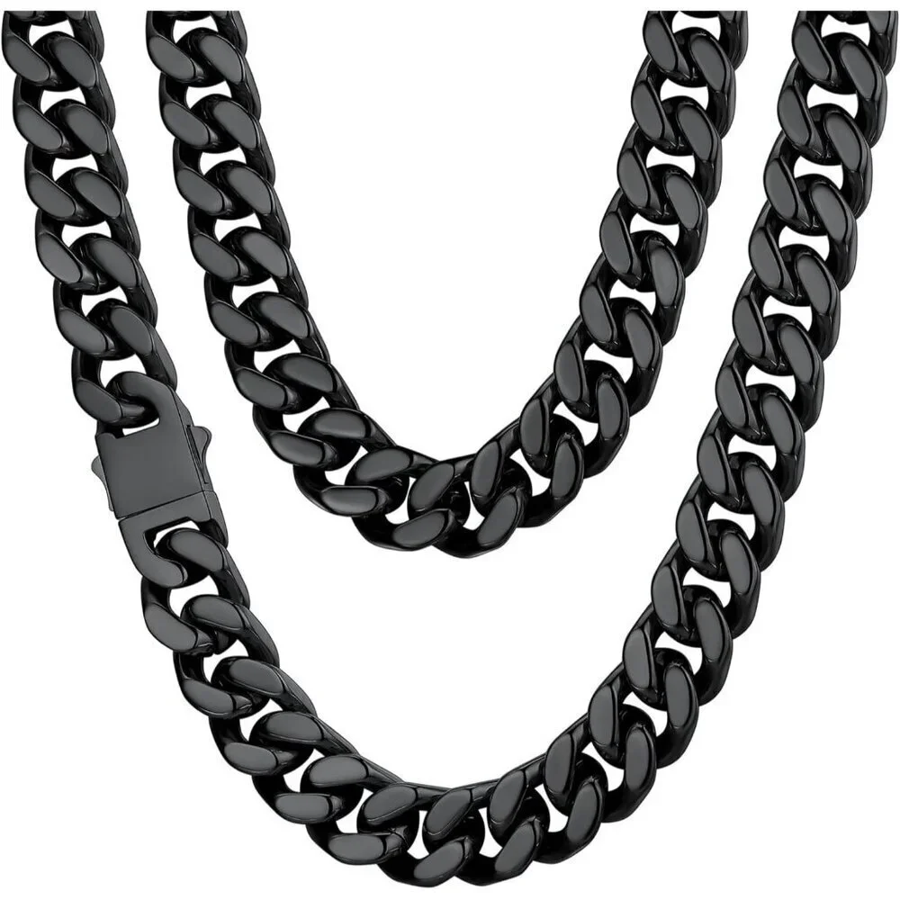 Men's 14mm Width Steel Black 18K Gold Plated Cuban Durable Hip Hop Chain Jewelry